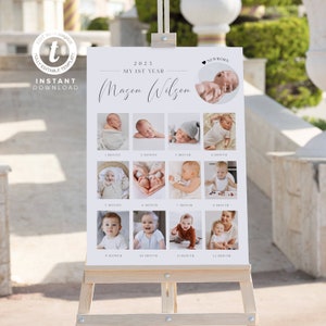 Un año de bebé / Plantilla de póster fotográfico del primer año imprimible del bebé, signo minimalista de collage de fotos del primer cumpleaños / signo del primer año