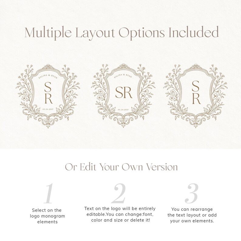 Vintage Floral Wedding Crest Logo Template: Editable Monogram Design ...