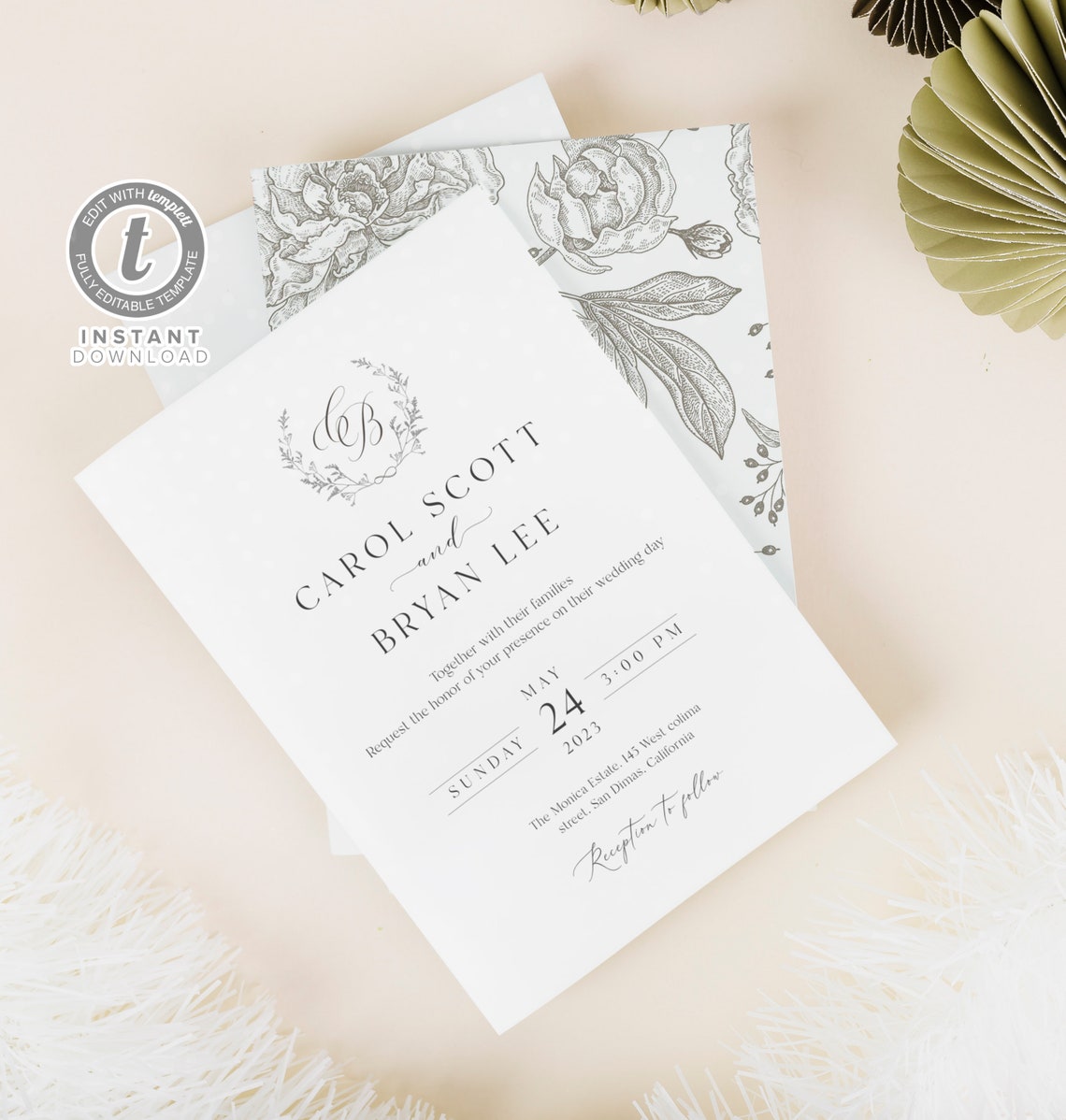 Monogram Wedding Invitation Template, Delicate Elegant Printable Invite
