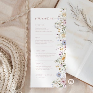 Spring Wildflower Wedding Menu Template,Wildflower Boho Floral Menu,Printable Wedding Menu ,Dinner Brunch Menu,Editable Menu Card WI0047