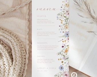 Modelo de cardápio de casamento com flores silvestres: design floral boho (para impressão)