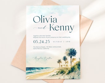 May include: A watercolor wedding invitation with a beach scene. The invitation features palm trees, a sandy beach, and ocean waves. The text on the invitation reads "Olivia and Kenny" and includes the date and time of the wedding. The invitation also includes the location of the wedding, "The Monica Estate, 145 West colima street, Santa Monica, California".