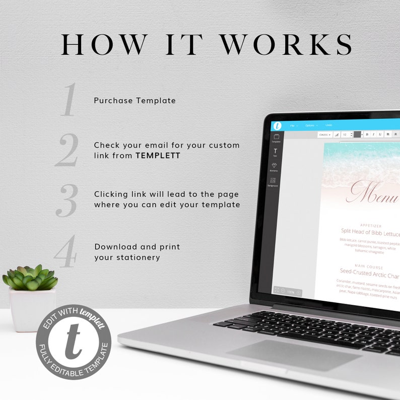 May include: A laptop computer screen shows a menu template with a beach background. The text "How It Works" is displayed above four numbered steps for editing and downloading the template. The text "Edit with Templett" is displayed in a circle with a lowercase "t" in the center.