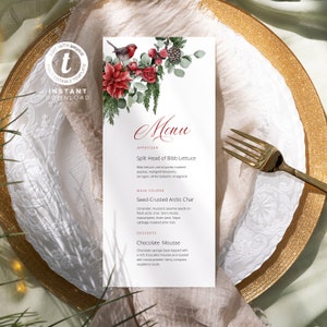 Weihnachtsfeier-Menü-Vorlage, druckbares Weihnachtsmenü, Feiertags-Party-Menü, Winterhochzeit bearbeitbares Menu008