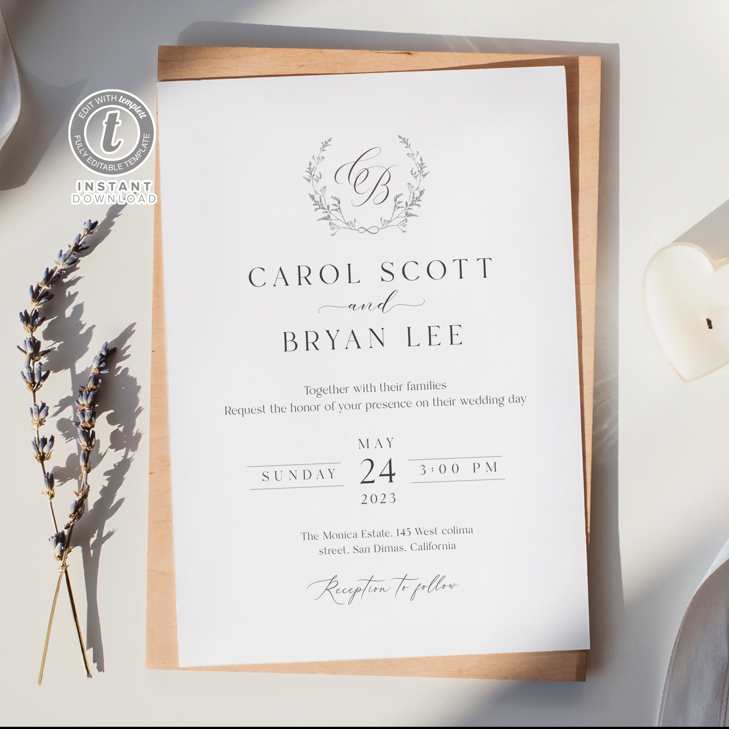 Monogram Wedding Invitation Template, Delicate Elegant Printable Invite