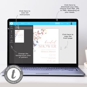 Op de afbeelding: Een computerscherm met een sjabloon voor een bruidsdoucheinvitatie. Het sjabloon heeft een aquarelontwerp met vlinders en de tekst "bridal shower". De tekst "Rebacca Johnson" en de datum "05.04.2023" zijn ook opgenomen. Het scherm toont instructies voor het bewerken van het sjabloon, waaronder het wijzigen van de achtergrondkleur of het patroon, het bekijken van volledige instructies en het downloaden van het bestand in verschillende formaten.