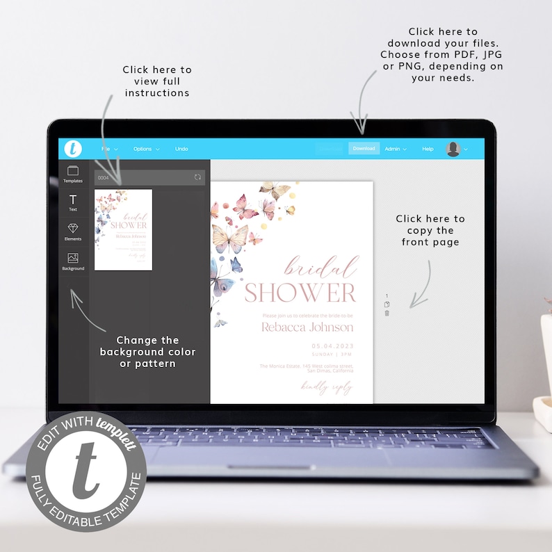 Op de afbeelding: Een computerscherm met een sjabloon voor een bruidsdoucheinvitatie. Het sjabloon heeft een aquarelontwerp met vlinders en de tekst "bridal shower". De tekst "Rebacca Johnson" en de datum "05.04.2023" zijn ook opgenomen. Het scherm toont instructies voor het bewerken van het sjabloon, waaronder het wijzigen van de achtergrondkleur of het patroon, het bekijken van volledige instructies en het downloaden van het bestand in verschillende formaten.
