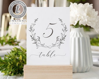 Floral Wreath Wedding Table Number Template, Delicate Elegant Editable Number Cards ,Printable Table Cards, Templett Instant Download WI0033