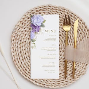 Modèle de Menu de mariage hortensia, Menu fleur d'hortensia violet, Menu de mariage imprimable, Menu brunch du dîner, carte de Menu fleur d'hortensia WI0062P