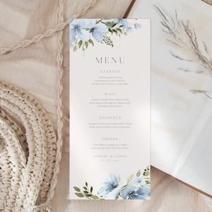 Plantilla de menú de boda floral azul polvoriento, menú de flores boho azul, menú de boda imprimible, menú de brunch de cena, tarjeta de menú de flores azul polvoriento WI0060