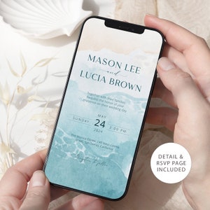 Ocean Beach Wedding Electronic Invitation, Coastal Sea Mobile Evite,Summer Beach Digital Template,Blue Ocean Evite, Smartphone WI0045