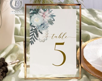 Dusty Blue Wedding Table Numbers Template, Editable Winter Blue Table Numbers, HolidayTable Card, Editable Table Number Signs Winter006