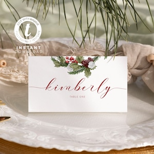 Plantilla de tarjeta de lugar de Navidad, tarjeta de asiento de vacaciones, tarjeta de nombre de boda de invierno imprimible, descarga instantánea, plantilla editable Winter001