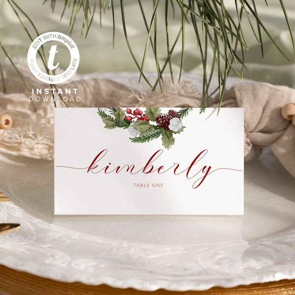 Christmas Place Card Template, Holiday Seating Card, Winter Wedding Name Card Printable, Instant Download, Editable Template Winter001