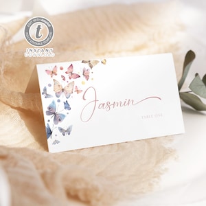 Cartões de lugar de borboleta, etiqueta de comida imprimível, cartão de assento de borboleta editável, modelo editável de barracas de comida de mesa de festa, cartão de nome WI0049