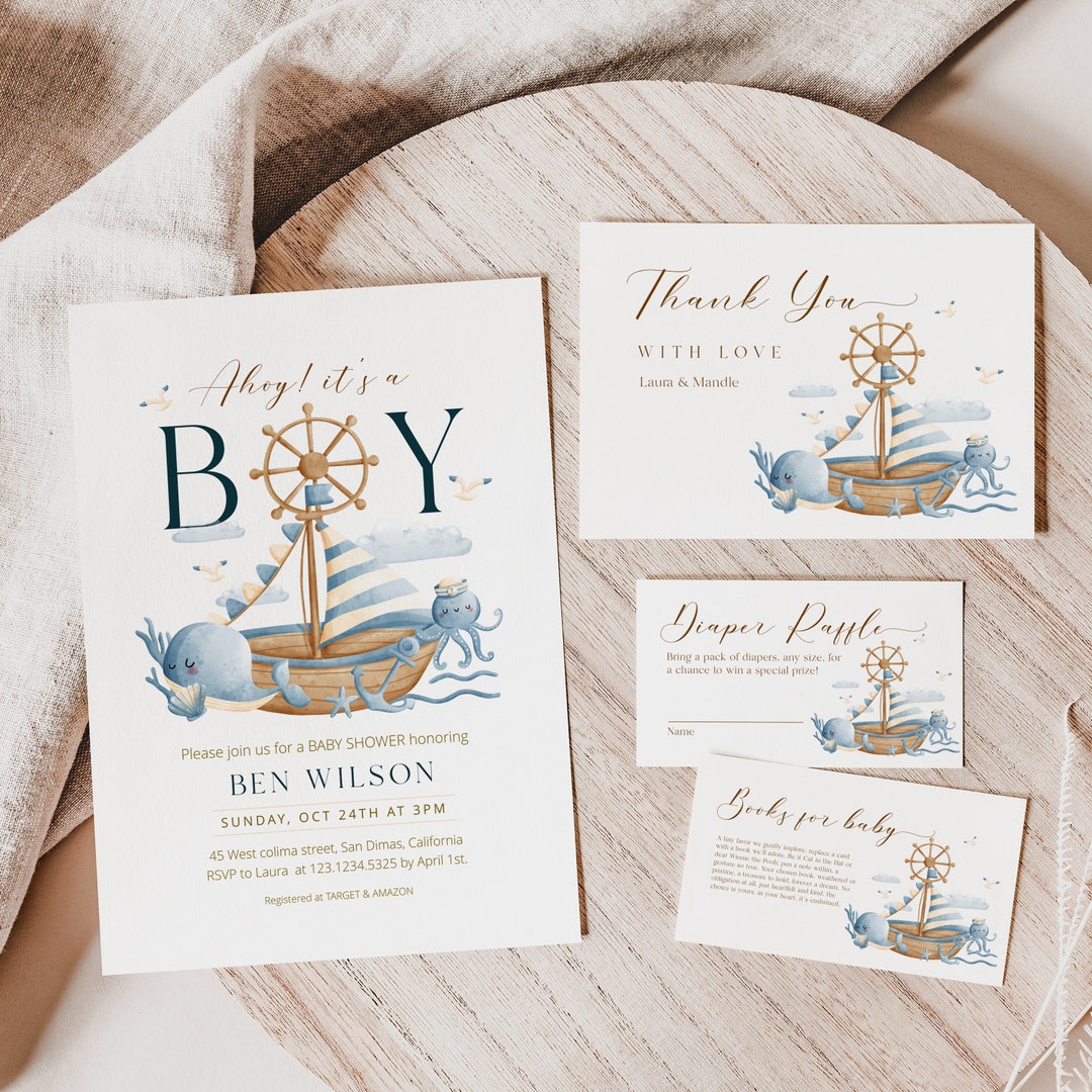 Ahoy Baby Shower Invitation Set Template, Ahoy Its a Boy Baby Invite ...
