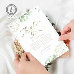 Modello di biglietto di ringraziamento per matrimonio con ortensie verdi, biglietto di ringraziamento floreale ad acquerello, floreale bianco verde, download immediato Templett WI0022