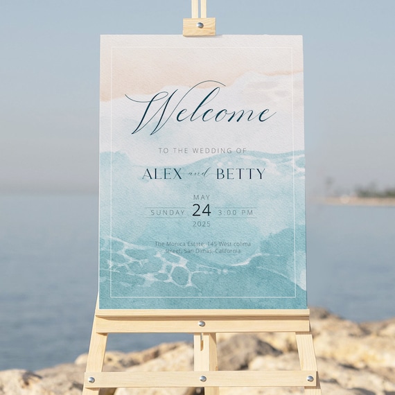 Beach Ocean Wedding Welcome Sign Template, Summer Ocean Wedding Sign Printable, Fully Editable Beach Welcome Poster, WI0045