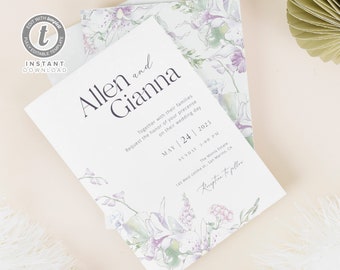 Greenery Lilacs Wedding Invitation Template, Watercolor orchid Wedding Invitation, Purple green Wedding, Templett Instant Download