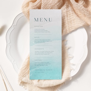 Szablon menu weselnego Ocean Sea Beach, Szablon menu weselnego Beach Sand, Edytowalne menu stołowe, Menu do wydruku, WI0045