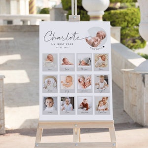 Modèle photo imprimable de bébé d'un an | Premier anniversaire modifiable | Panneau Jalons | Photos mensuelles | 12 mois de | Signe de la première année