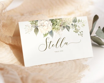 Hydrangea Floral Place Card Template,White Hydrangea Wedding Seating Card Template,White Flower Editable Name/Food Card & Printable,WI0062