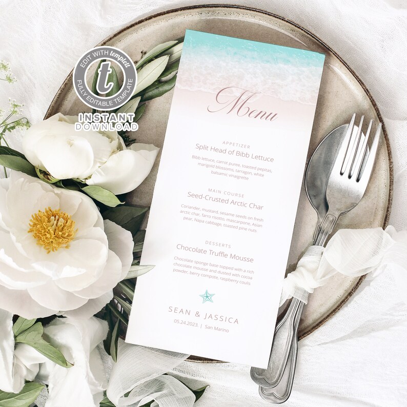 May include: A printable wedding menu template with a beach theme. The menu features a light blue and pink watercolor background with white text. The menu items include: Split Head of Bibb Lettuce, Seed-Crusted Arctic Char, and Chocolate Truffle Mousse. The bottom of the menu includes the names Sean & Jassica and the date 05.24.2023. The text "San Marino" is also included.
