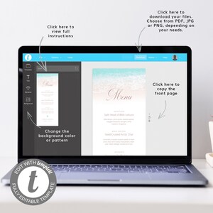 May include: A laptop screen displaying a digital template for a wedding menu. The menu features a watercolor background with a beach scene and the word "Menu" in a cursive font. The text on the menu includes "Appetizer", "Split Head of Bibb Lettuce", "Main Course", "Seed-Crusted Arctic Char", and "Desserts". The screen also shows instructions for editing the template, including how to change the background color or pattern, download the file, and copy the front page.