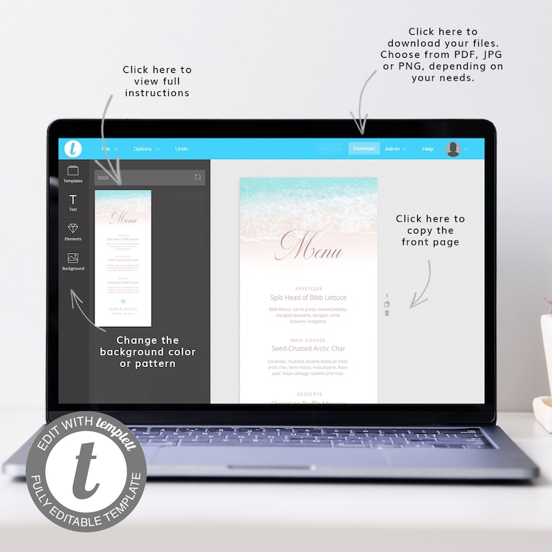 May include: A laptop screen displaying a digital template for a wedding menu. The menu features a watercolor background with a beach scene and the word "Menu" in a cursive font. The text on the menu includes "Appetizer", "Split Head of Bibb Lettuce", "Main Course", "Seed-Crusted Arctic Char", and "Desserts". The screen also shows instructions for editing the template, including how to change the background color or pattern, download the file, and copy the front page.