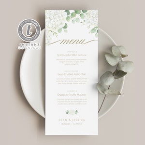 Greenery Hydrangeas Wedding Menu Template,INSTANT DOWNLOAD,Dinner Menu Template,Editable Table Menu,Printable Menu,Templett Template WI0022