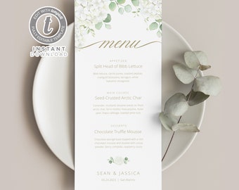 Hydrangea Wedding Menu Template, Greenery Design (Digital Download)