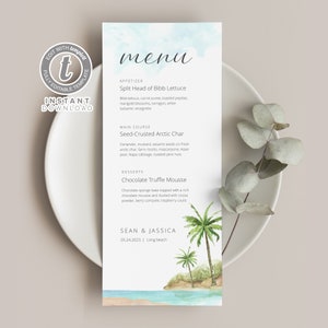 Modèle de Menu de mariage Ocean Beach, téléchargement immédiat, modèle de Menu sur le thème de la plage, Menu de Table modifiable, Menu imprimable, modèle de Templett WI0027