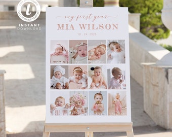 Printable Baby's First Year Photo Poster Template | First Birthday | Milestones Sign | Monthly Photos | 12 Months of | 1st Year Sign