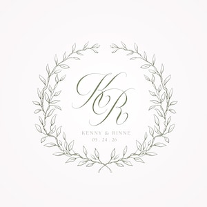 Modelo de design de logotipo de casamento, crista de casamento verde, marca de casamento, logotipo pré-fabricado para empresas, logotipo de boutique, emblema de logotipo, monograma de logotipo