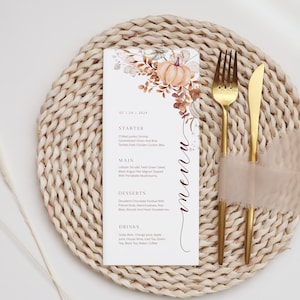 Plantilla de menú de calabaza floral de otoño, brunch de fiesta, cena, menú de boda de otoño, baby shower, imprimible editable, tarjeta de mesa de calabaza WI0058
