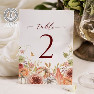Modèle de numéro de table de mariage de citrouille florale d'automne, cartes de nombre de fleurs sauvages modifiables, cartes d'automne imprimables, téléchargement immédiat de Templett WI0035