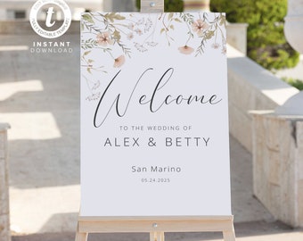 Watercolor Floral Wedding Welcome Sign Template, Elegant Wedding Sign Printable, INSTANT Download, Fully Editable, Templett Template WI0026