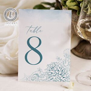 Blue Ocean Wedding Table Number Card Template, Editable Coastal Printable Table Card ,Blue Sea Ocean Table Number WI0024 image 2