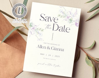 Greenery Lilacs Save the Date Template, Printable Photo Save the Date,Editable Purple Floral Wedding Invitation , Templett Instant Download