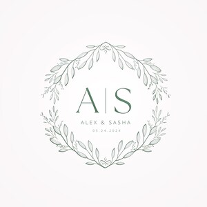 Peut inclure: Un monogramme de mariage avec un motif de couronne florale. Les initiales "A" et "S" sont au centre avec le texte "Alex & Sasha" et la date "05.24.2024" en dessous.