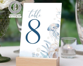 Plantilla de tarjeta de número de mesa de boda con temática de Blue Beach Ocean, editable imprimible, descarga instantánea Templett WI0028