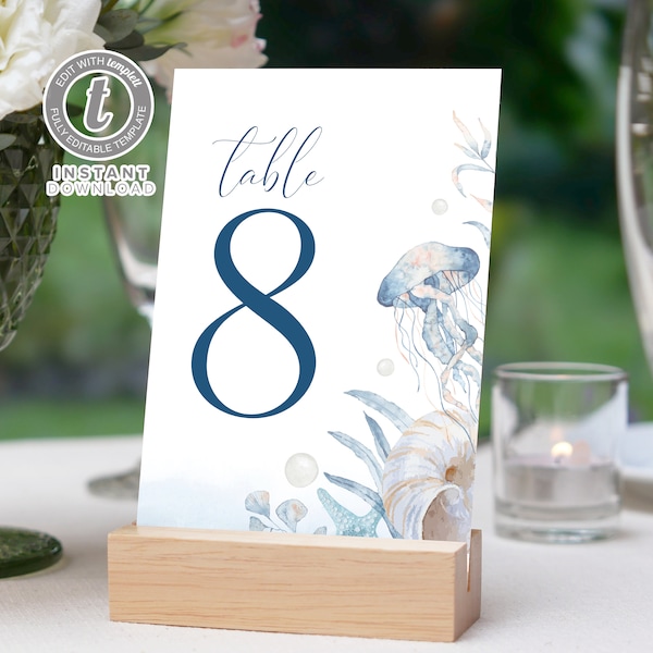 Blue Beach Ocean Themed Wedding Table Number Card Template, Editable Printable, Templett Instant Download WI0028