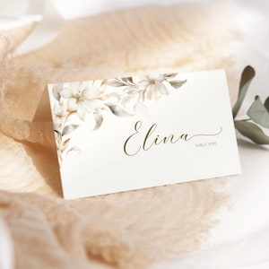 Elfenbein Blumen Tischkartenvorlage, weiße Lilie Hochzeit Sitzkartenvorlage, weiße Blume bearbeitbare druckbare Name / Food Card & Printable, WI0061