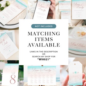 May include: A set of wedding stationery with a beach theme. The stationery includes a save the date card, invitation, RSVP card, table number, seating chart, and a favor tag. The design features a watercolor background with a pink and blue ombre effect and a starfish.