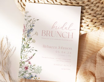 Uitnodiging bruidsbrunch met wilde bloemen: lentebloemen, boho-shower (bewerkbare sjabloon)