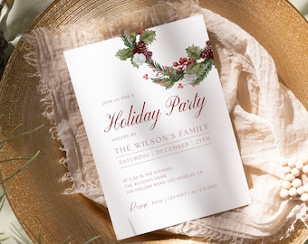 Christmas Dinner Invitation Template, Holiday Party Brunch,Christmas Dinner invite, Christmas Wreath Editable Holiday invitation Winter001