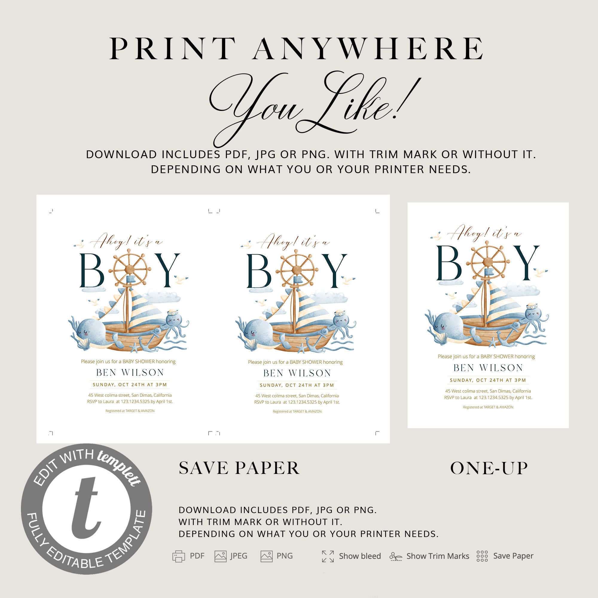 Ahoy Baby Shower Invitation, Ahoy Its a Boy Baby Invite, Nautical Cutie ...