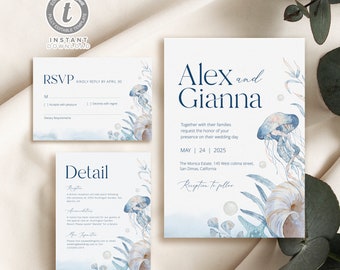 Ocean Beach Wedding Themed Invitation Set Template Editable - Etsy