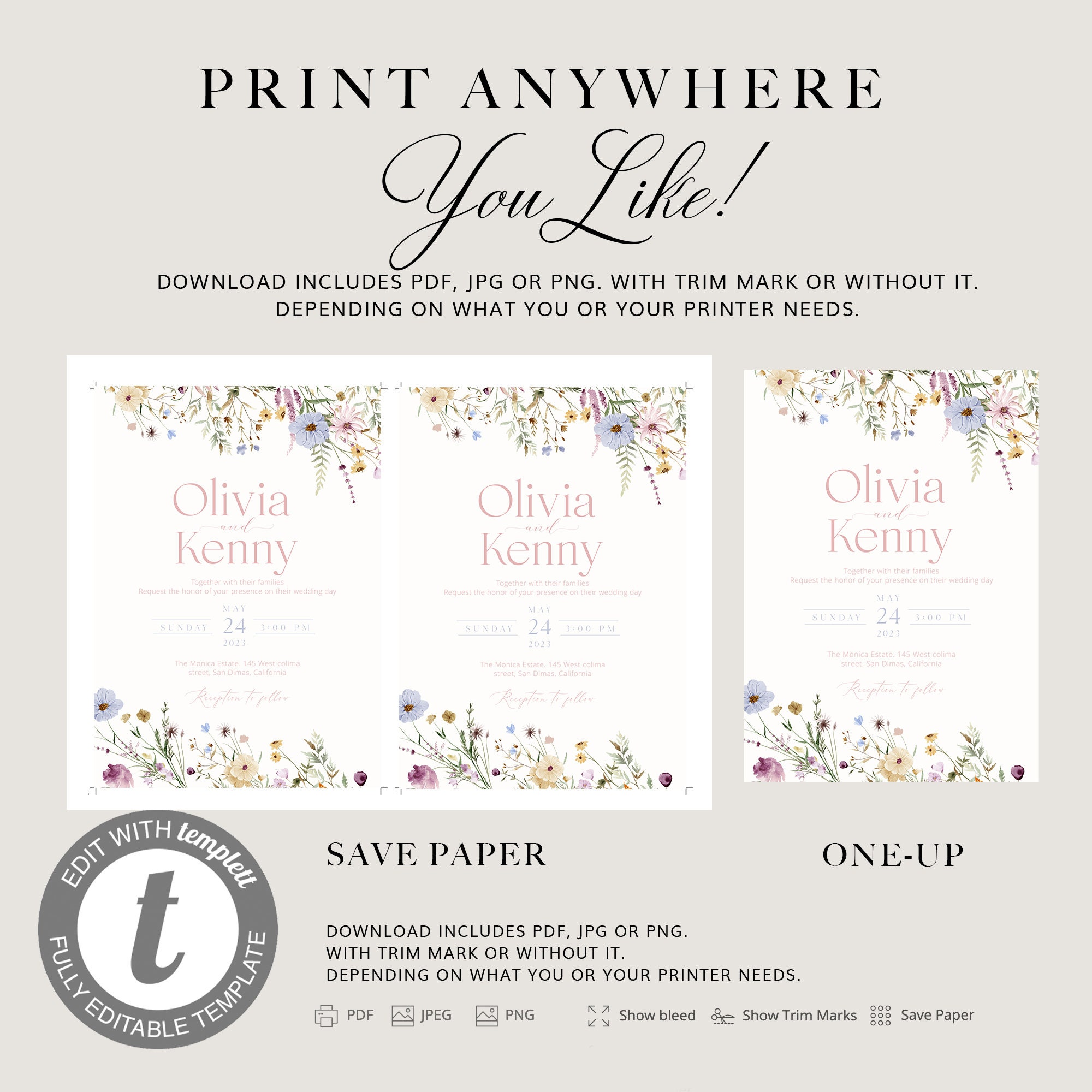 Spring Wildflower Wedding Invitation Suite Template, Wildflower Invitation, Editable Boho ...