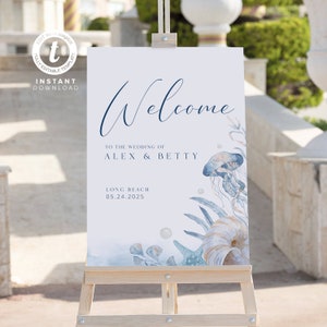 Blue Beach Ocean Wedding Welcome Sign Template, Summer Ocean Wedding Sign Printable, Fully Editable, Templett Template WI0028